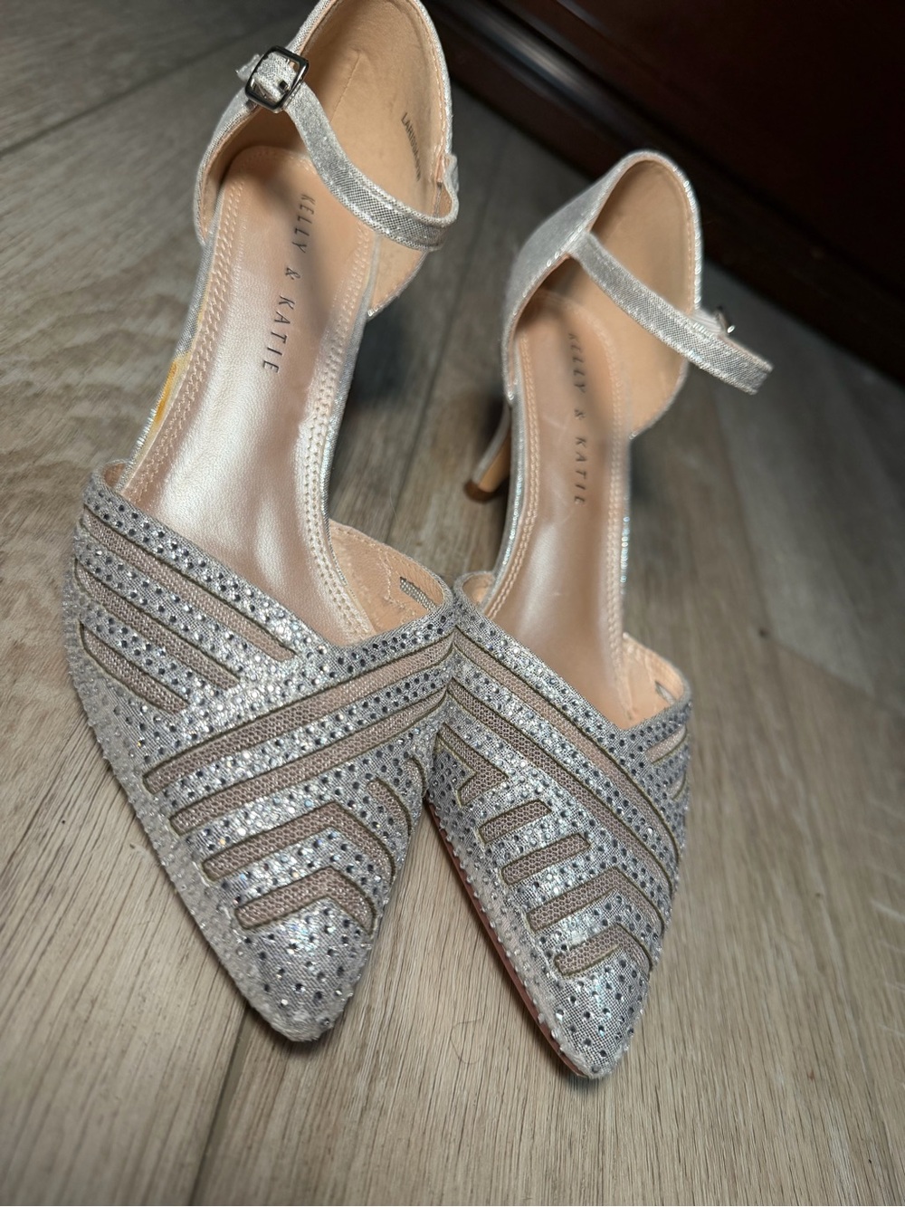 Kelly & Katie Silver Rhinestone Pointed-Toe Ankle-Strap Heels